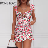 Women Spaghetti Strap Floral Print Tied Detail Ruffles Dress Mini Dress Bodycon Elegant Fashion Sweet
