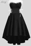 Women Christmas Dress Elegant Puff Long Sleeve Faux Fur Collar Midi Party Costume Xmas New Year Festival
