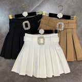 2022 Spring Summer New Arrival High Waist Rhinestone Buckle Belt Short Mini Pleated Skirt Women
