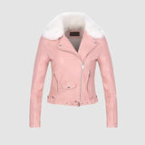 Women Winter Warm Faux Leather Jacket Coat With Fur Collar Female Pink Pu Motorcycle Jacket Biker Punk Black
