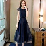 Mid-length Chiffon Short-sleeved Dress with Pearl Belt Showing Thin Ladies Temperament Gentle Wind Chiffon A-line