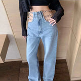 Hollow Out Chain Streetwear Jeans for Women Summer High Waist Loose Harajuku Straight Denim Pants Fashion Korean Y2K