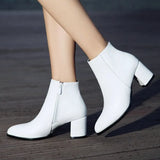 Women Boots Square High Heel Ankle Boots Fashion Pointed Toe Buckle Winter Zipper Boots Female Shoes Black White