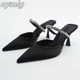 high-heeled shoes women's 2022 spring new women's shoes stiletto pointed toe pumps satin rhinestone glitter mules