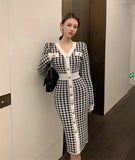 Women Spring Autumn Dresses Elegant Lady Vintage Knitting Fashionable Buttons Checkered Long