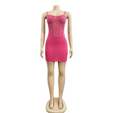 Sexy White Crystal Hot Hot drilling Mini Dress Women Summer Strap Mesh Patchwork Bodycon Glitter Clubwear