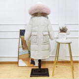 Winter Loose Windbreak Long Coat Women Real Natural Fur Hooded Jacket 90% White Duck Down Coat Thick Warm Snow