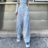 Pants Women Summer Wide Leg Blue Print Fashion Streetwear Tender Elastic Waist Empire Full-length Pockets Korean