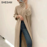 Women Knitted Sweater Spring Autumn Turtleneck Pullovers Loose Fork Knee Long Sleeve Knitted Sweater