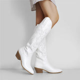 Onlymaker Women White Knee High Boots Western Cowboy Boots Wide Calf Embroidered Pointed Toe Block Heel Pull-On Cowgirl