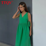Summer V-Neck Green Women'S Dress 2022 Casual Loose Sleeveless Office Midi Dresses Elegant Classic Ruched Female