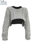 Autumn New Women Solid Color Pullover Sweater Hollow Out Knitted Long Sleeve Cropped Sweater Korean Style Casual