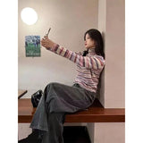 Y2K Striped Sweater Women Harajuku Turtleneck Knit Pullovers Korean Patchwork Knitwears Vintage O Neck Slim Jumpers