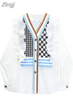 Plaid Patchwork Women's Shirts Fashion Long Sleeve V-Neck Shirt Female Streetwear Y2K Casual Elegant Ruffle Edge
