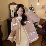 Sweet Faux Lamb Wool Coat Women Thick Bow Patchwork Jacket Winter Vintage Korean Elegant Faux Fur Casual Outerwear