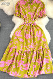 Vintage Women Printed Long Dress Elegant Turn-Down Collar Single Breasted Short Sleeve High Waist A-Line Maxi Vestido