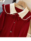 Winter Knitwears Sweater Dresses For Women Koeran Sweet Bow Peter Pan Collar Ruffles Patchwork Knitted Dress 4XL