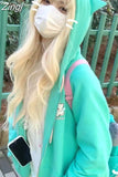 Green Embroidery Cat Zipper Coats Women Loose Sweatshirts Japanese Long Sleeve Cute Sweet Ear Hooded Sudaderas Y2k