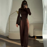 Summer New Women's Round Neck Solid Color Wide Leg Pants Temperament Commut Fashion