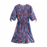 Queens Women Floral Print Lace-up Beach Bohemian Mini Sundress Ladies Front Button Neck Summer Boho Dress