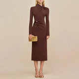 Brown Metallic Button Decoration Knitted Dress High-Necked Long Sleeves Elegant