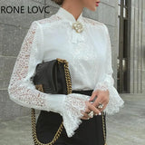 Women Solid Elegant Half-High Neck Lace Patchwork Flared Sleeves Hollow out Women White