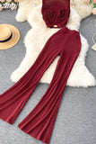 Women Red/Black/White Two Piece Set Elegant Square Collar Short Tops + High Waist Flare Pants Fashion Suits Female