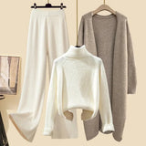 Winter Warm Knitwear Sets For Womens Elegant Turtleneck Sweater+long Knitted Jackets+wide Leg Knitting Pants Sets 2023