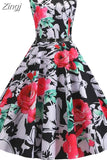 Print Vintage Dress Women Summer Pin Up Elegant Party Rockbility Robe A-Line Office Sundress