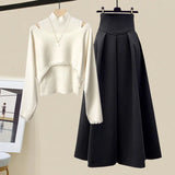 Winter Two Piece Sets For Women Outfits Ladies Elegant Long Sleeve Knitted Sweater And High Waist A-line Pleated Skirt