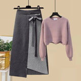 Women Autumn Winter Warm Knitted Two Pieces Sets Korean Long Sleeve Pullover Sweater Top And High Waist Skirts