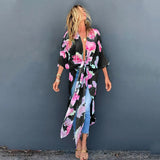 Boho Parrot Printed Front Open Summer Beach Dress Sexy White Chiffon Tunic Women Plus Size Beachwear Long Kimono Dress
