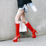 Sgesvier 2021 new arrival knee high boots women round toe autumn lace up platform boots sexy stiletto heels boots prom