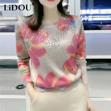 Winter Round Neck Floral Print Bronzing T-shirt Lady Oversized Long Sleeve Loose Casual Pullover Top Women Bottoming