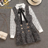 Spring Autumn 2 Piece Set Dress Women Ruffles Bow Shirt Lace Top+Plaid Sleeveless Tweed Vest Dress Double Breasted