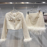 Autumn Long Sleeve Round Neck Feathers Diamonds Buttons Coat Camisole Short Skirt Three Piece Set Women Outfits
