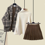 Winter Warm Clothes For Women French Vintage Notched V Neck Plaid Woolen Coats+knitted Sweater+pleated Skirts 3 Piece