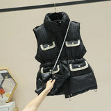 2022 Winter Sleeveless Stand Collar Multi Pockets Thick Cotton Vest Women Gilet