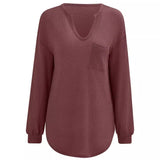 / Winter Fashion Women's Wear 2025 New Solid Color V-Neck Casual Slim Long Sleeve With Pocket