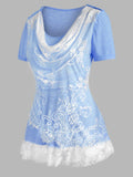 Women T-Shirt Lace Insert Cowl Front Ruffle Hem T Shirt Colorblock Fashion Women Tops Tees Punk