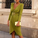 Women Solid Elegant Deep V Neck Wrist Sleeves Wrap Silt Midi Working Formal Party