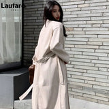 Autumn Long Black Cool PU Leather Trench Coat for Women Belt Single Breasted Loose Korean Fashion Wholesale Clothes