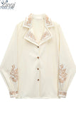 Women Shirts Fashion Vintage Embroidery Blouses Loose Casual Long Sleeve Turn-down Collar Female Office Ladies Blouse