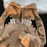 Horn Little Devil Letter Embroidered Zipper Hoodies Women Y2K Street Retro Trend Cardigan Couple Fashion