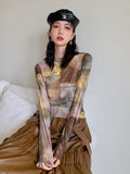 Tie Dye Mesh Tops Irregular Hem Long Sleeve T Shirt Women See Through Tshirt Designer Y2k Vintage Tees 2022 Spring
