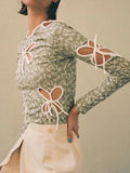 Vintage Butterfly Hollow Out Bandage Long Sleeve T-shirts Streetwear 90s Print O-neck Green Tops Y2K Fashion