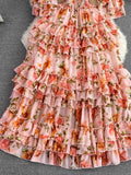 Vintage Floral Ruffle Chiffon Long Dress Women Sexy Slash Neck Off Shoulder Flare Sleeve High Waist A-Line Beach