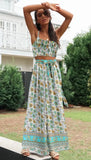 Queens Women Green Floral Print Outfits Sleeveless Tops Bohemian Elastic Drawstring Pants 2 Pieces Rayon Cotton Boho