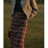Vintage 2pcs Set Brown Single-Breasted Cardigan Knitted Sweater +High Waist Plaid Split Hip Long Skirt Women Elegant