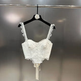 2022 New Arrivals Sleeveless Lace Shoulder Strap Back Bandage Single Breasted Buttons White Slim Camis Crop Top
